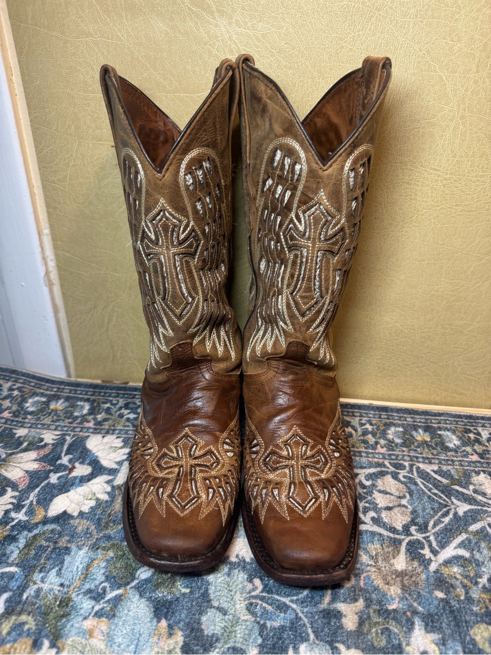 Wildflowers Bluebonnet Brown cross and wings Embroidered Leather Cowboy Boots